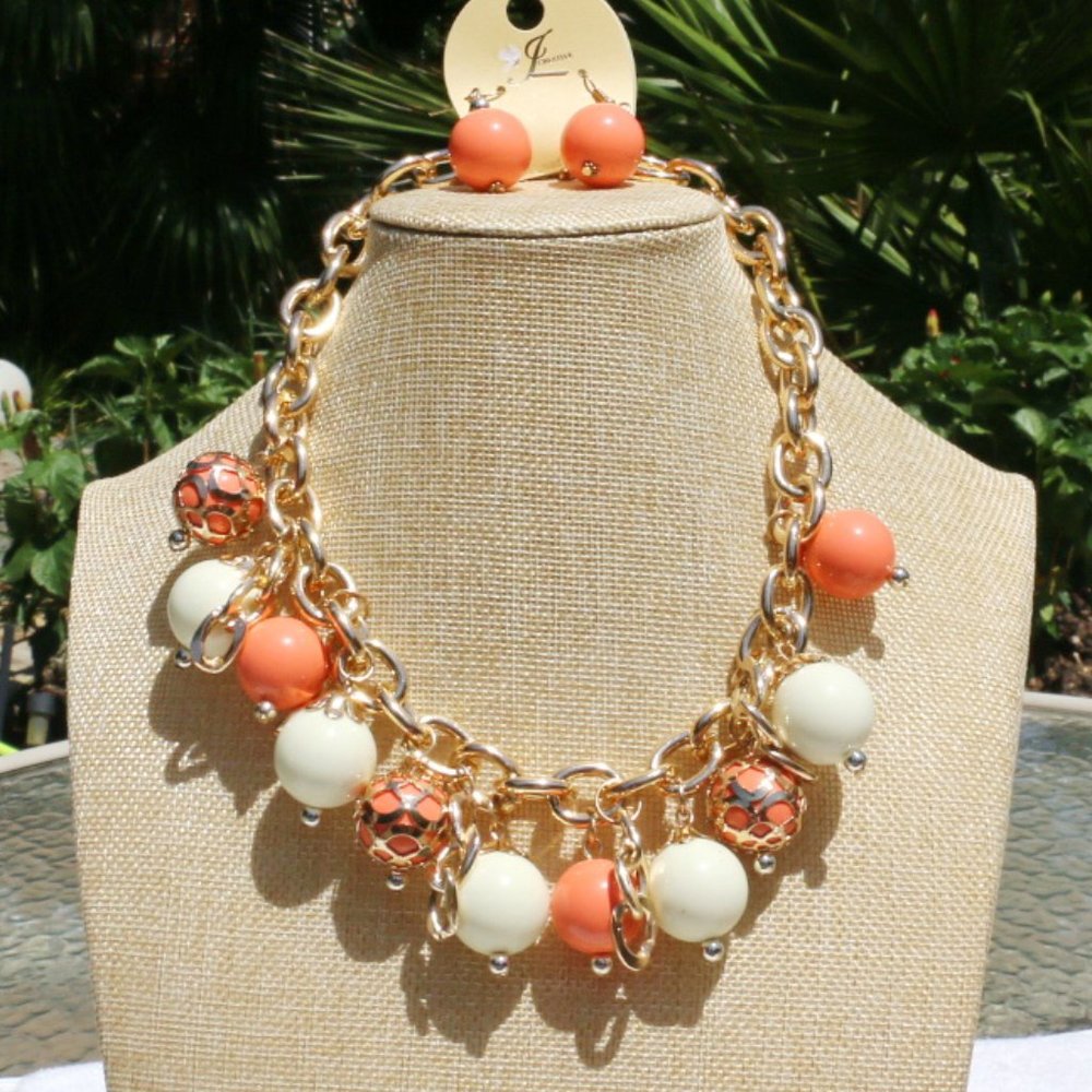 Boho Necklace Chunky Ivory & Coral Gold Statement